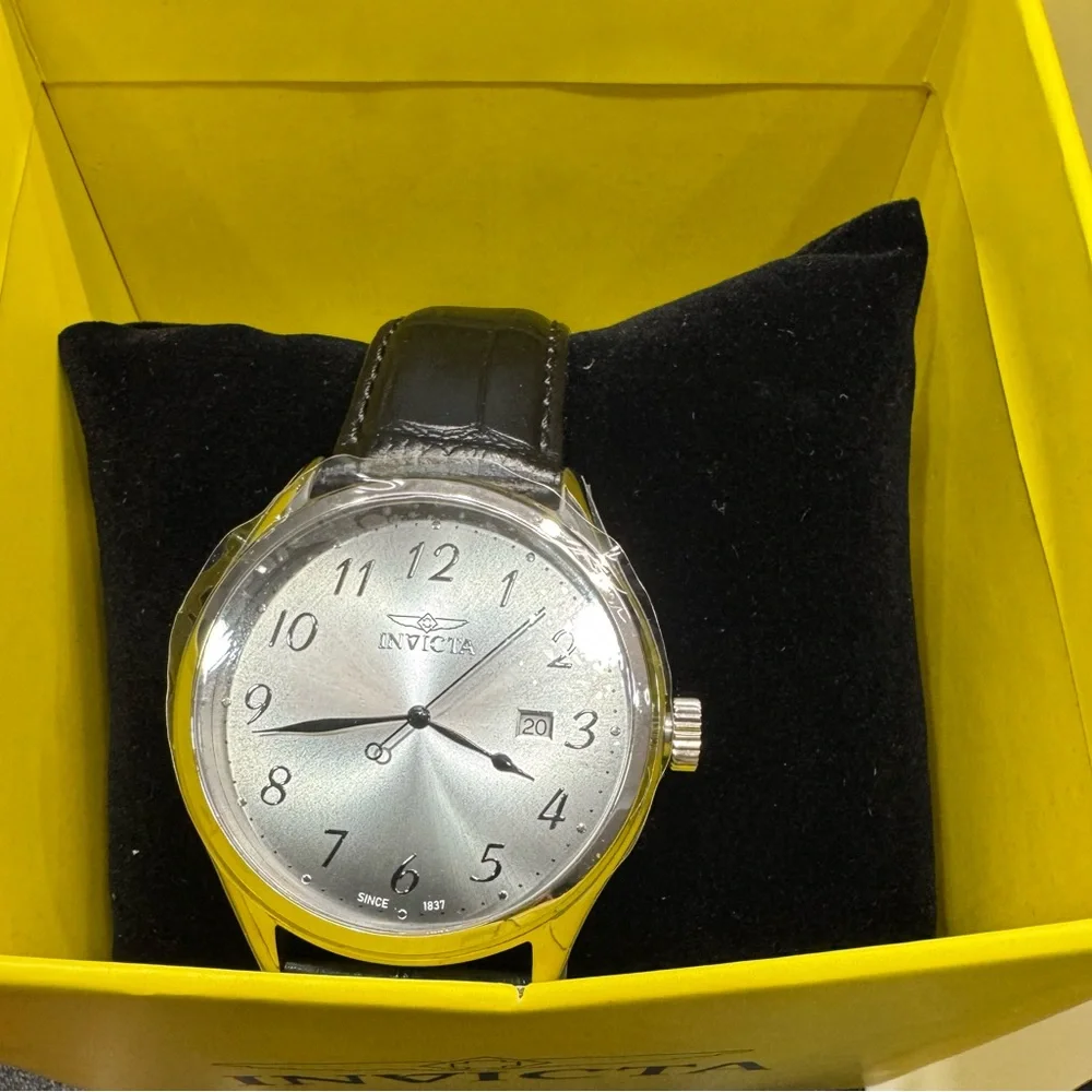 Invicta Celestial 47763 Mens 43mm Steel Black Leather Watch BNIB Quartz Dress